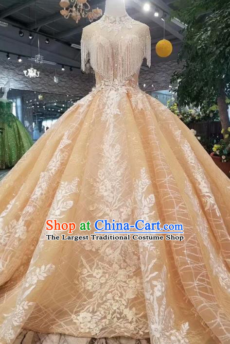 Customize Handmade Princess Champagne Veil Trailing Dress Wedding Court  Bride Costume for Women