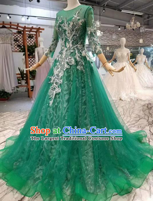Top Grade Customize Modern Fancywork Green Veil Full Dress Court Princess Waltz Dance Costume for Women