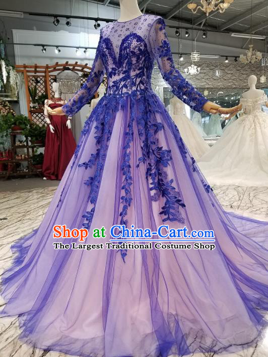 Top Grade Customize Modern Fancywork Deep Blue Veil Full Dress Court Princess Waltz Dance Costume for Women