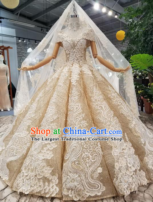 Customize Handmade Princess Embroidered Champagne Veil Trailing Dress Wedding Court Bride Costume for Women