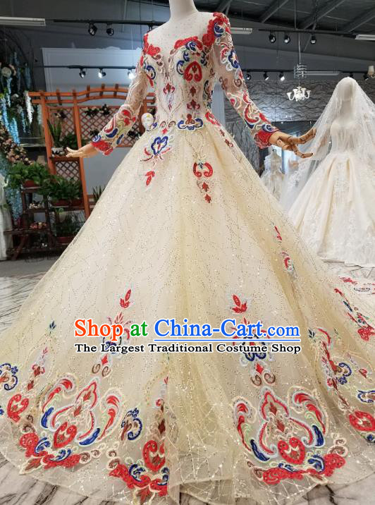 Customize Handmade Princess Embroidered Red Flowers Trailing Dress Wedding Court Bride Costume for Women