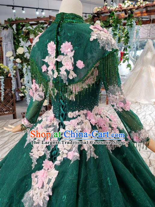 Customize Embroidered Deep Green Veil Trailing Full Dress Top Grade Court Princess Waltz Dance Costume for Women