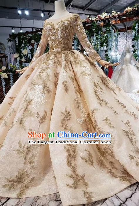 Customize Embroidered Champagne Veil Trailing Full Dress Top Grade Court Princess Waltz Dance Costume for Women