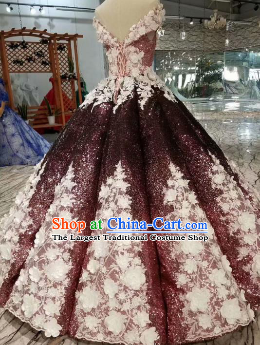 Customize Embroidered Wine Red Trailing Full Dress Top Grade Court Princess Waltz Dance Costume for Women