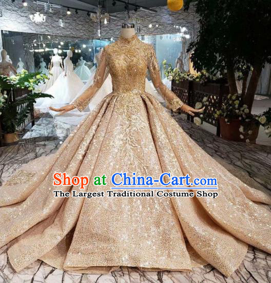Customize Embroidered Golden Trailing Full Dress Top Grade Court Princess Waltz Dance Costume for Women