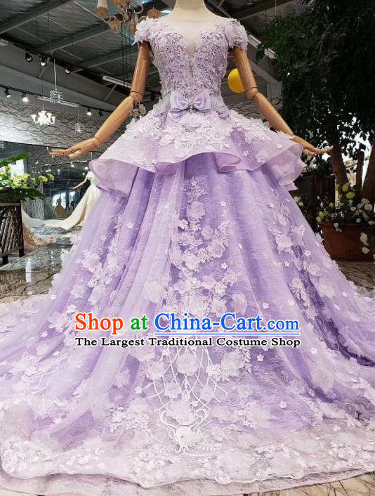 Customize Embroidered Lilac Trailing Full Dress Top Grade Court Princess Waltz Dance Costume for Women