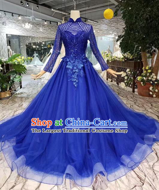 Customize Royalblue Veil Trailing Full Dress Top Grade Court Princess Waltz Dance Costume for Women