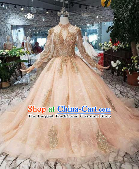 Customize Embroidered Beads Pink Trailing Full Dress Top Grade Court Princess Waltz Dance Costume for Women