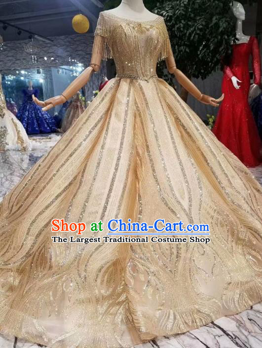 Customize Embroidered Beads Champagne Trailing Full Dress Top Grade Court Princess Waltz Dance Costume for Women