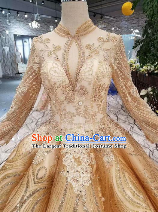 Customize Embroidered Beads Golden Trailing Full Dress Top Grade Court Princess Waltz Dance Costume for Women