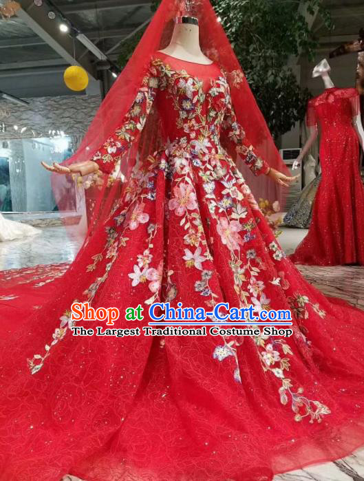 Top Grade Customize Catwalks Red Veil Trailing Full Dress Court Princess Waltz Dance Costume for Women