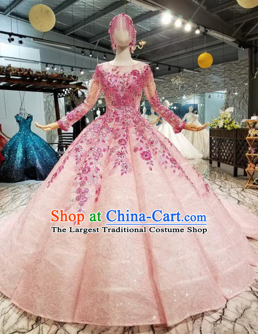 Customize Modern Fancywork Pink Trailing Full Dress Top Grade Waltz Dance Costume for Women