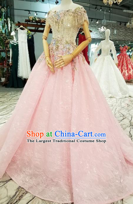 Top Grade Modern Fancywork Pink Veil Full Dress Customize Waltz Dance Costume for Women
