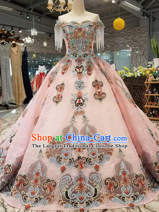 Top Grade Embroidered Pink Trailing Full Dress Customize Modern Fancywork Princess Waltz Dance Costume for Women