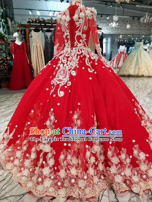 Top Grade Embroidered Red Trailing Full Dress Customize Modern Fancywork Princess Waltz Dance Costume for Women