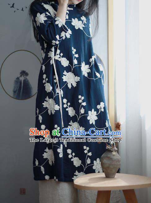 Chinese Traditional National Costume Embroidered Navy Qipao Dress Tang Suit Cheongsam for Women