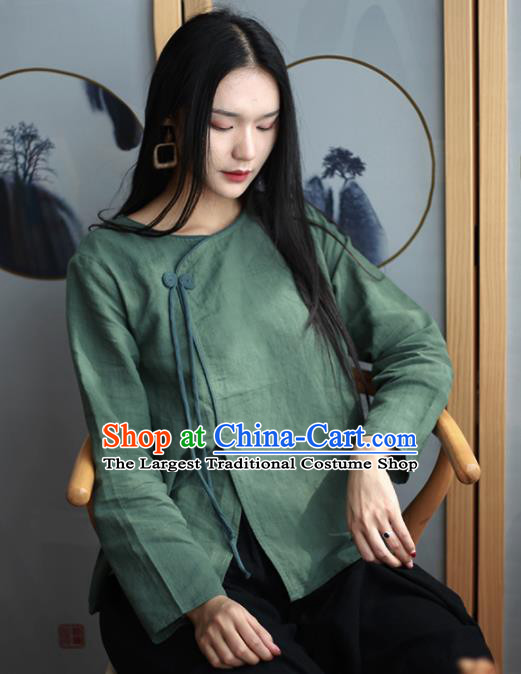 Chinese Traditional National Costume Green Linen Blouse Tang Suit Upper Outer Garment for Women