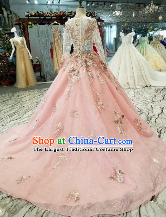 Top Grade Embroidered Pink Veil Full Dress Customize Modern Fancywork Princess Waltz Dance Costume for Women