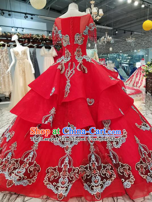 Top Grade Embroidered Red Full Dress Customize Modern Fancywork Princess Waltz Dance Costume for Women