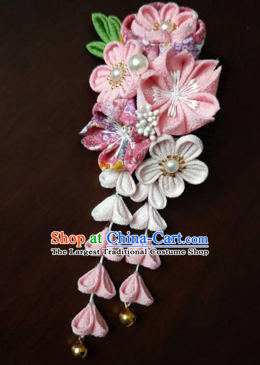 Traditional Japan Geisha Pink Sakura Tassel Hair Claw Japanese Kimono Hair Accessories for Women