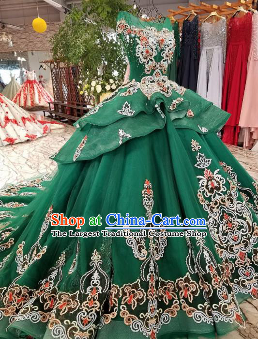 Top Grade Handmade Embroidered Court Green Full Dress Customize Modern Fancywork Waltz Dance Costume for Women