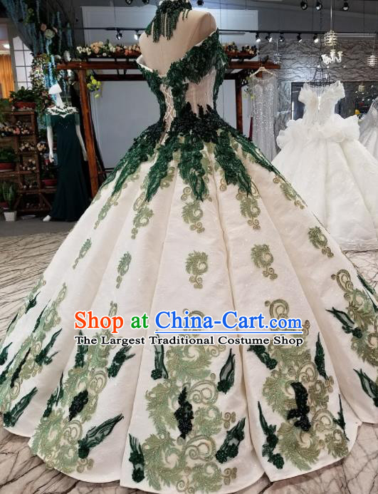 Top Grade Modern Fancywork Court Green Lace Full Dress Customize Princess Waltz Dance Costume for Women