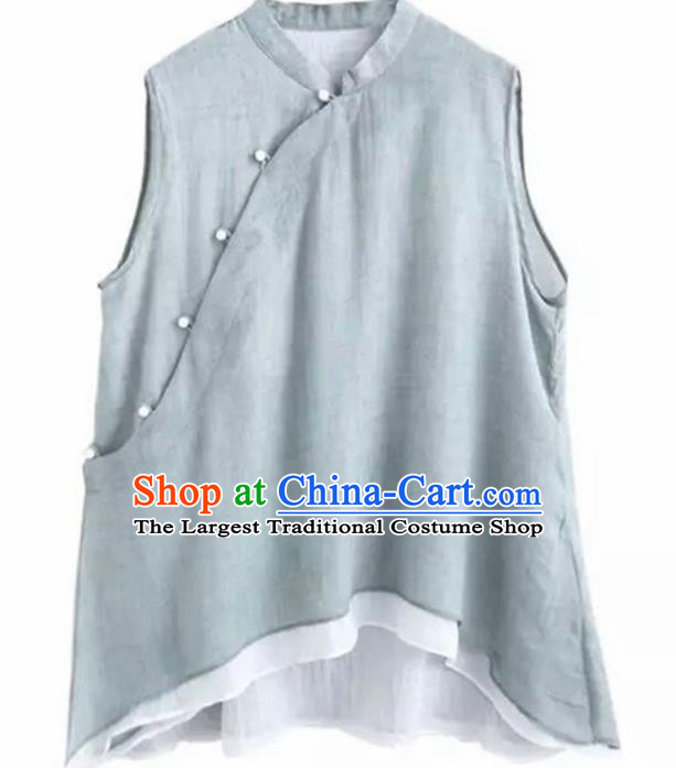 Chinese Traditional National Costume Tang Suit Slant Opening Blue Vest Upper Outer Garment for Women