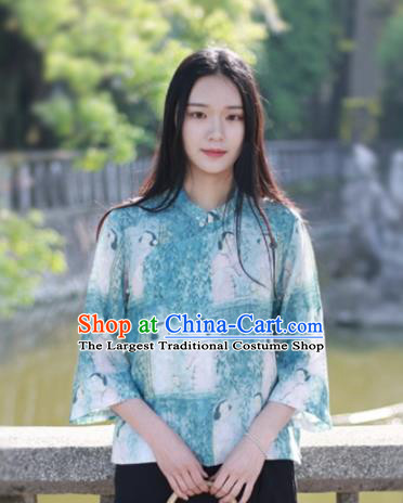 Chinese Traditional National Costume Printing Green Shirt Tang Suit Upper Outer Garment for Women