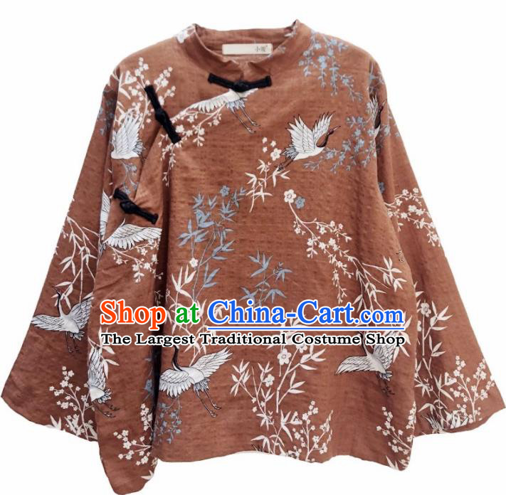 Chinese Traditional National Costume Printing Brown Blouse Tang Suit Upper Outer Garment for Women