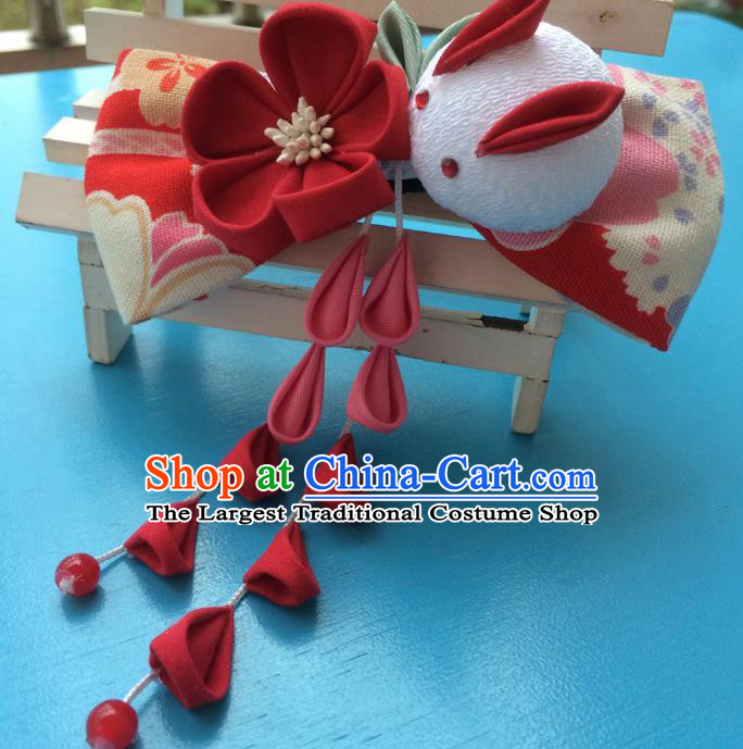 Traditional Japan Red Bowknot Rabbit Tassl Hair Claw Japanese Kimono Hair Accessories for Women