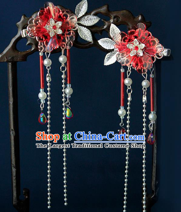 China Ancient Princess Red Flower Tassel Hair Claws Hairpins Chinese Traditional Hanfu Hair Accessories for Women