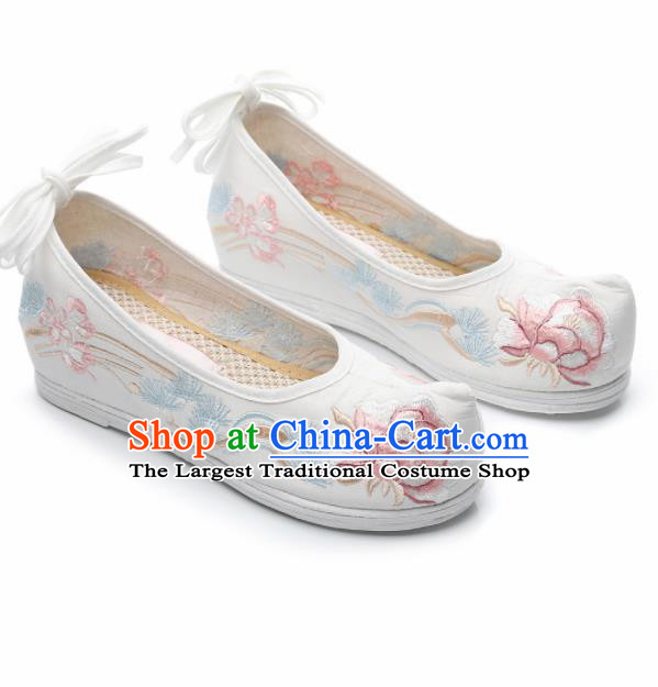 Chinese Traditional Hanfu Shoes Ancient Princess Embroidered Peony White Shoes National Cloth Shoes for Women