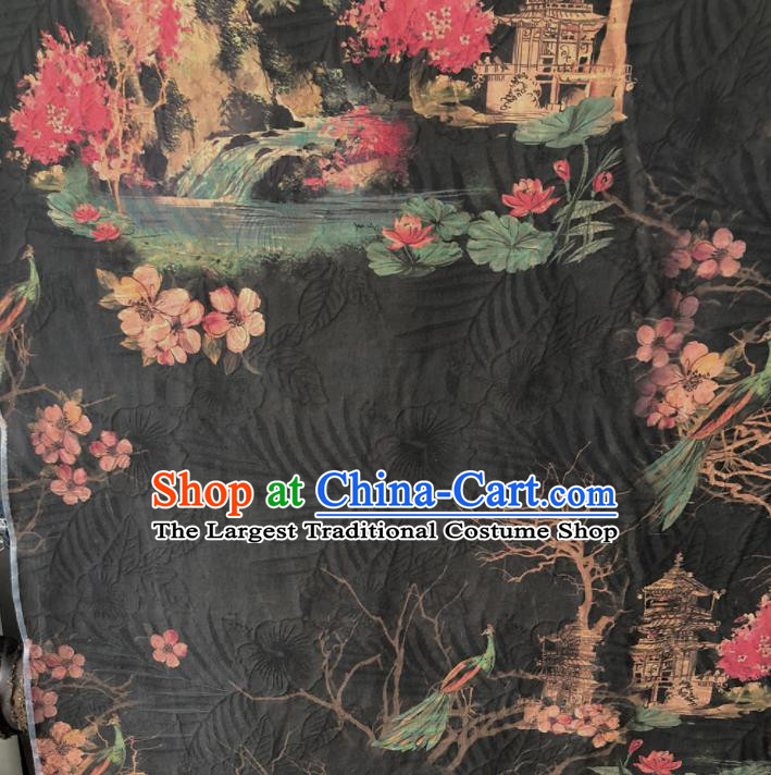 Chinese Traditional Peach Blossom Pattern Design Black Satin Watered Gauze Brocade Fabric Asian Silk Fabric Material