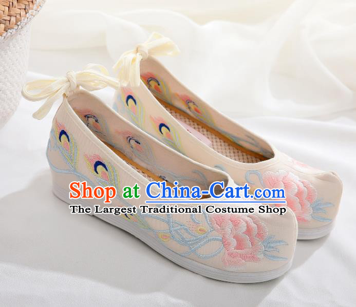 Chinese Traditional Hanfu Shoes Ancient Princess Embroidered Peony Beige Shoes National Cloth Shoes for Women