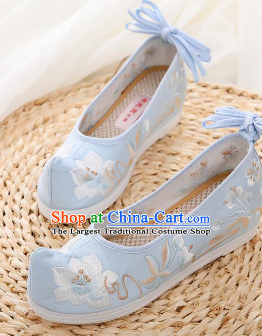Chinese Traditional Hanfu Shoes Ancient Princess Embroidered Peach Blossom Blue Shoes National Cloth Shoes for Women