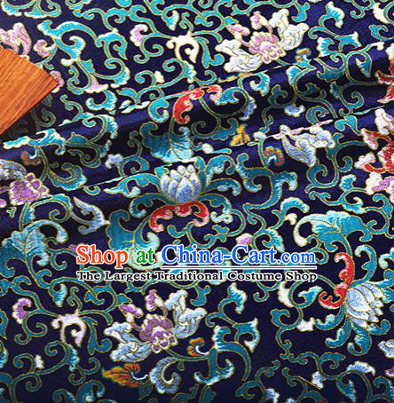 Chinese Traditional Hanfu Silk Fabric Classical Lotus Pattern Design Navy Brocade Tang Suit Fabric Material