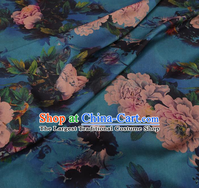 Chinese Traditional Peony Pattern Design Blue Satin Watered Gauze Brocade Fabric Asian Silk Fabric Material