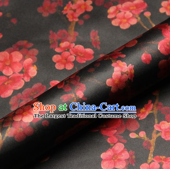 Chinese Traditional Wintersweet Pattern Design Black Satin Watered Gauze Brocade Fabric Asian Silk Fabric Material