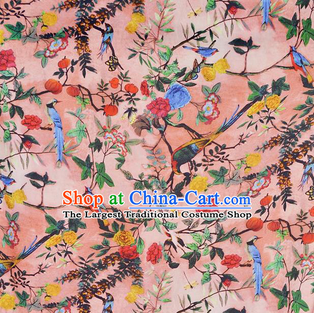 Chinese Traditional Flowers Birds Pattern Design Pink Satin Watered Gauze Brocade Fabric Asian Silk Fabric Material