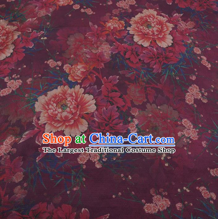Chinese Traditional Peony Plum Pattern Design Purple Satin Watered Gauze Brocade Fabric Asian Silk Fabric Material