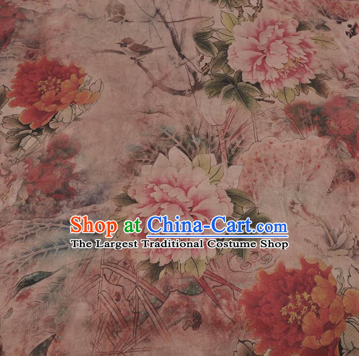 Chinese Traditional Peony Pattern Design Pink Satin Watered Gauze Brocade Fabric Asian Silk Fabric Material