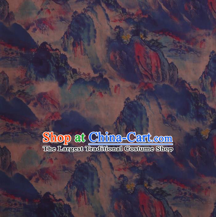 Traditional Chinese Satin Classical Landscape Pattern Design Blue Watered Gauze Brocade Fabric Asian Silk Fabric Material