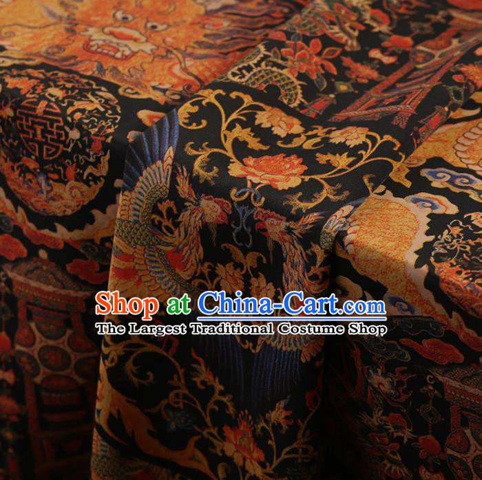 Traditional Chinese Satin Classical Dragon Phoenix Pattern Design Black Watered Gauze Brocade Fabric Asian Silk Fabric Material