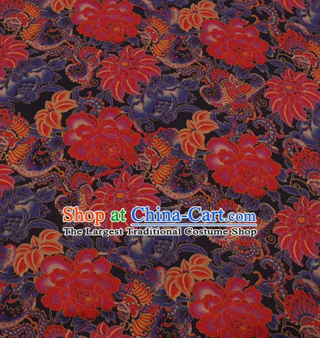 Traditional Chinese Satin Classical Lotus Pattern Design Black Watered Gauze Brocade Fabric Asian Silk Fabric Material