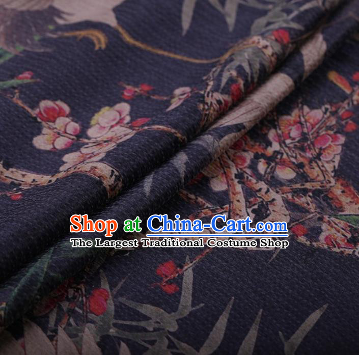 Traditional Chinese Satin Classical Wintersweet Crane Pattern Design Navy Watered Gauze Brocade Fabric Asian Silk Fabric Material