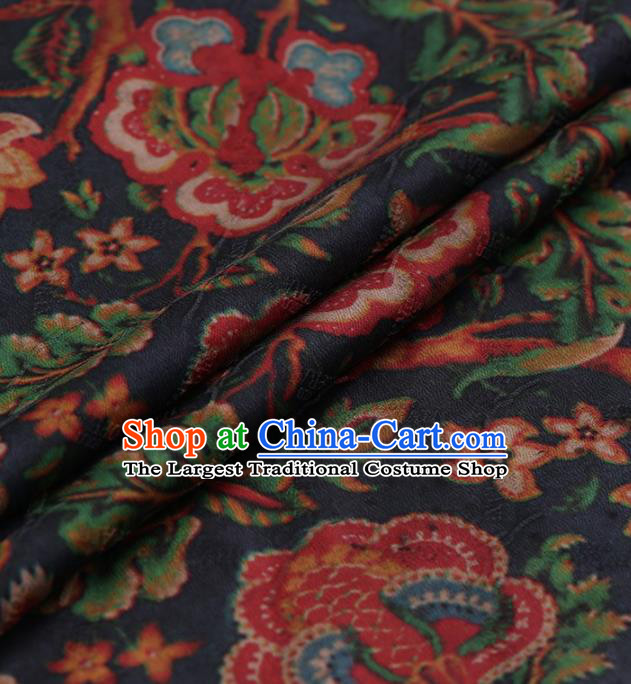 Traditional Chinese Satin Classical Twine Peony Pattern Design Navy Watered Gauze Brocade Fabric Asian Silk Fabric Material