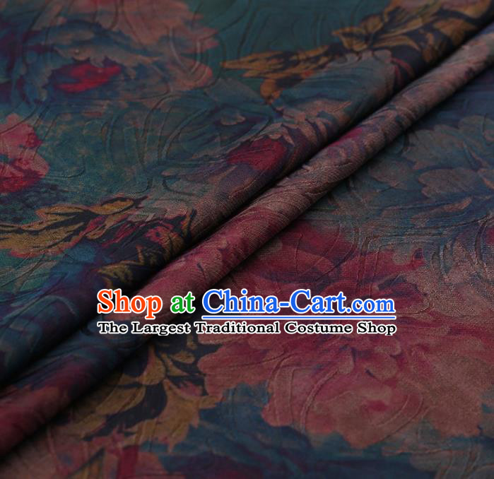 Chinese Traditional Peony Flowers Pattern Design Blue Satin Watered Gauze Brocade Fabric Asian Silk Fabric Material