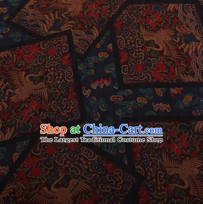 Traditional Chinese Classical Cranes Pattern Design Navy Satin Watered Gauze Brocade Fabric Asian Silk Fabric Material