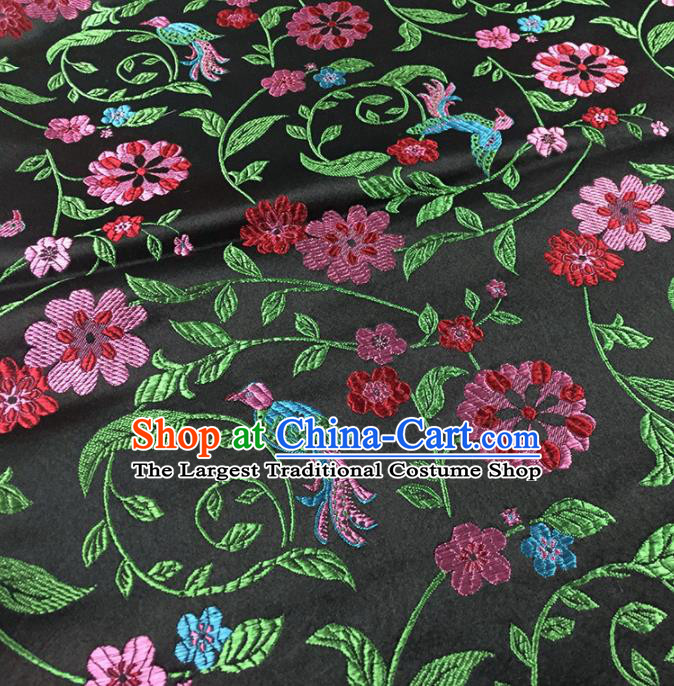 Traditional Chinese Classical Flowers Pattern Design Fabric Black Brocade Tang Suit Satin Drapery Asian Silk Material