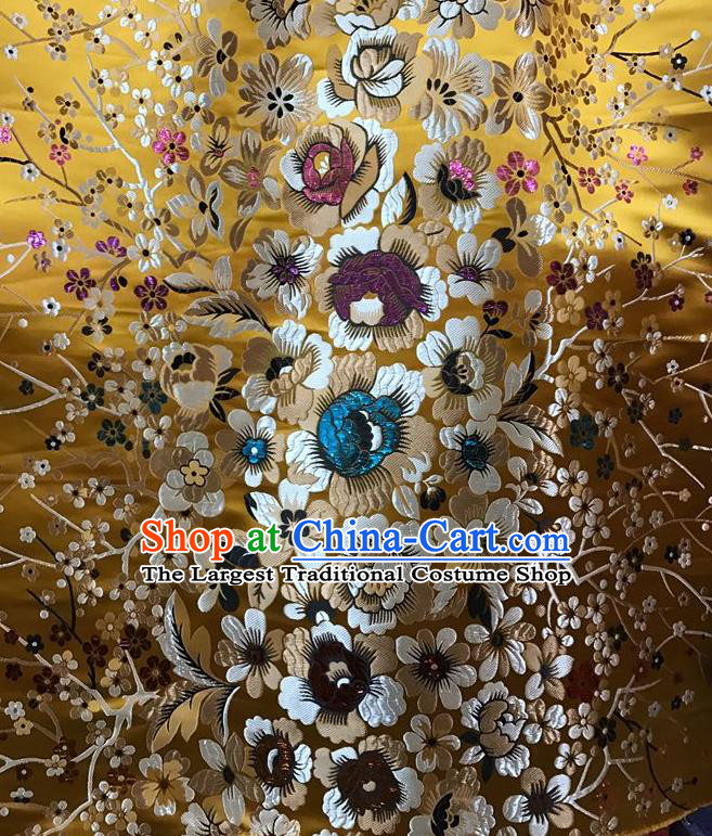 Asian Chinese Cheongsam Satin Classical Flowers Pattern Design Golden Brocade Fabric Traditional Drapery Silk Material
